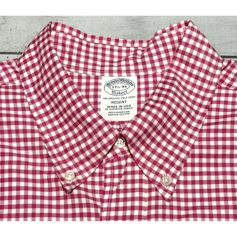 Brooks Brothers Shirt 17.5 34 Pink White Gingham Check Oxford Regent USA